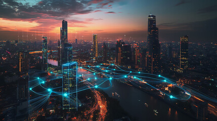 Fototapeta premium Abstract business man stands on the peak of success amid tall, innovative Smart city and graphs with statistics to analyze business potential and predict future developments in company growth.