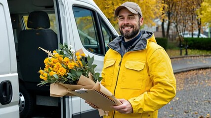 A delivery person dressed in warm clothing holds a beautiful bouquet of yellow roses in an outdoor location filled with autumn foliage. The cheerful demeanor adds to the lively atmosphere