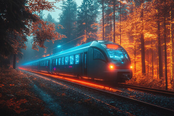 Naklejka premium High-Speed Train Traveling Through Enchanted Forest with Vibrant Autumn Foliage