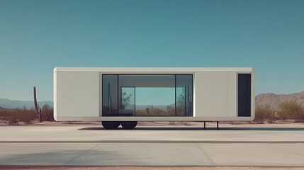 Naklejka premium Modern Minimalist Mobile Home in Desert Landscape with Clear Blue Sky