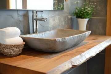 Natural stone bathroom sink on wooden countertop