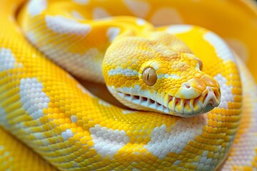 Fototapeta premium Close up of an albino python showcasing its vibrant yellow and white scales and captivating eye
