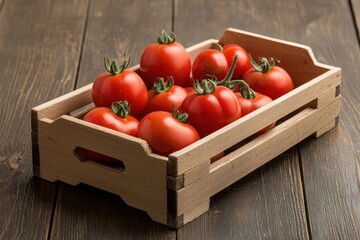 Wooden crate with tomatoes on a wooden background