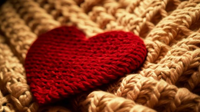Static camera shows two red hearts, one slightly larger, leaning against each other on a cozy knit blanket, warm lighting creates an inviting atmosphere