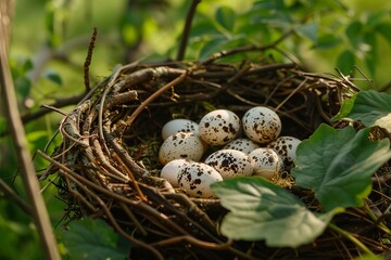 Obraz premium Nest built with twigs holding several speckled eggs, resting on a tree branch among green leaves in a natural environment