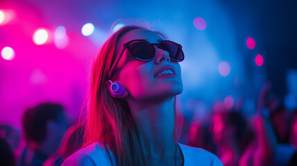 A young woman enjoying a concert with noise-canceling earplugs visible in her ears