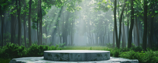 A modern podium in a peaceful forest clearing, ideal for product presentations and speeches surrounded by nature.