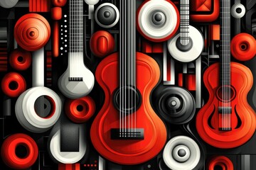 Abstract Musical Composition Featuring Red and Black Guitars and Geometric Patterns