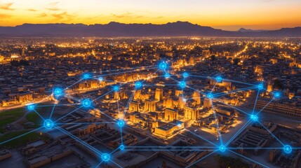 Obraz premium Ancient Egyptian Temple Complex Network, Luxor, Egypt. Historical Landmark Connected in Digital Age