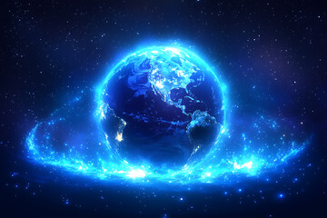 Glowing frame of Earth in space on a transparent background, highlighted by a combination of blue and black data points.