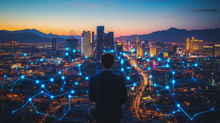 Abstract business man stands on the peak of success amid tall, innovative Smart city and graphs with statistics to analyze business potential and predict future developments in company growth.