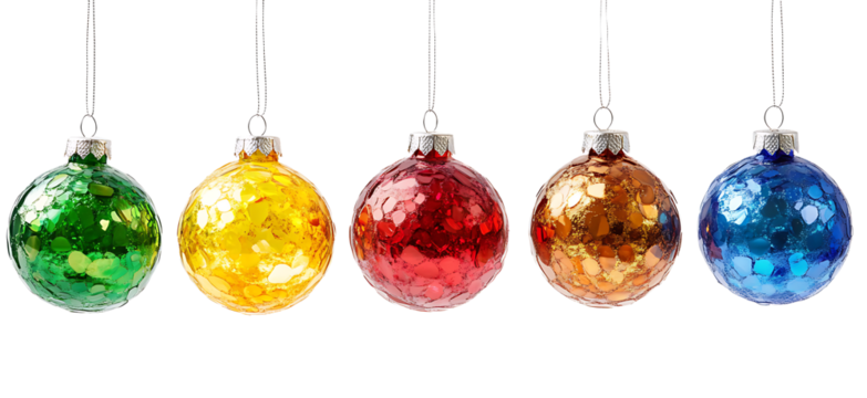 hanging colorful Christmas ball ornaments isolated on white background PNG.AI GENERATED