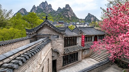 Chinese courtyard, mountain view, spring blossoms, travel