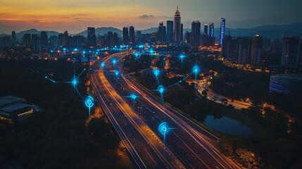 Obraz premium Abstract business man stands on the peak of success amid tall, innovative Smart city and graphs with statistics to analyze business potential and predict future developments in company growth.