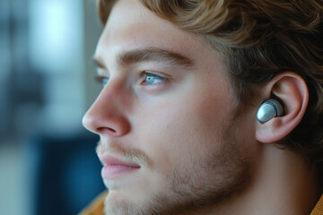 Young man with hearing aid, close-up. World Hearing Day