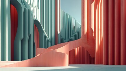 Abstract Architectural Design Featuring Teal and Coral Structures