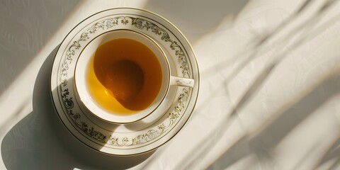 A delicate cup of tea rests on an elegant saucer, illuminated by soft shadows.