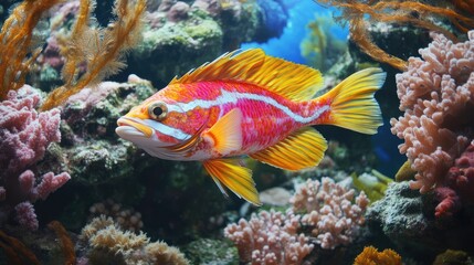 Playful tilefish dart through clusters of coral and seaweed, their vibrant colors contrasting beautifully with the underwater landscape