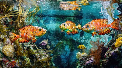 Fototapeta premium Playful tilefish dart through clusters of coral and seaweed, their vibrant colors contrasting beautifully with the underwater landscape