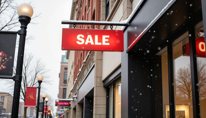 Obraz premium Hanging sale sign in winter urban shopping district, seasonal shopping