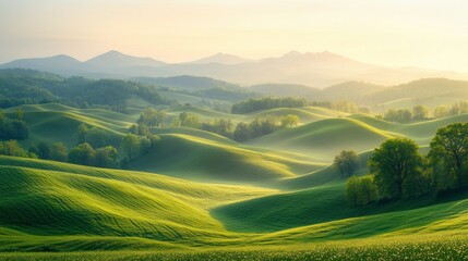 Sunrise over rolling green hills, misty valley, mountains