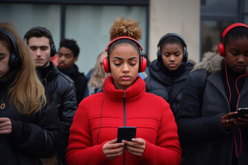 Multiethnic group of teenagers wearing headphones, isolated from each other while looking at their phones. Concept of tech addiction, social media, digital content consumption, social isolation.
