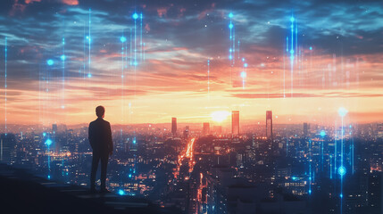 Fototapeta premium Abstract business man stands on the peak of success amid tall, innovative Smart city and graphs with statistics to analyze business potential and predict future developments in company growth.