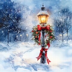 Winter Scene with Lantern and Snowy Landscape