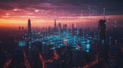 Fototapeta premium Abstract business man stands on the peak of success amid tall, innovative Smart city and graphs with statistics to analyze business potential and predict future developments in company growth.