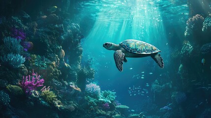Obraz premium Sea turtle in pristine waters, surrounded by vibrant coral reefs and schools of fish, sunlight streaming down through the clear ocean surface