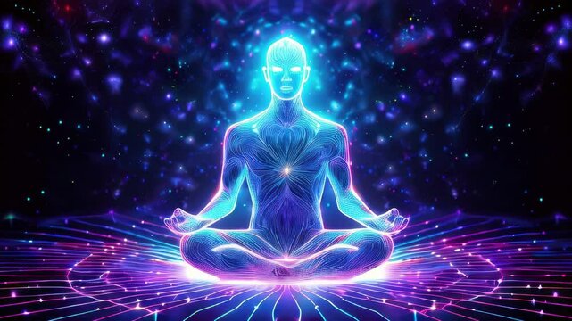 Man sitting in a lotus position with glowing lines surrounding him