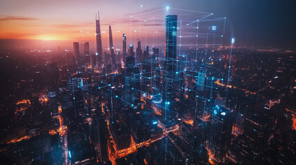 Fototapeta premium Abstract business man stands on the peak of success amid tall, innovative Smart city and graphs with statistics to analyze business potential and predict future developments in company growth.