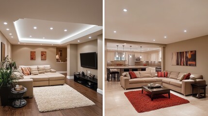 Fototapeta premium Side-by-side showcase of a dingy basement turning into a modern, inviting family space with elegant furnishings and lighting
