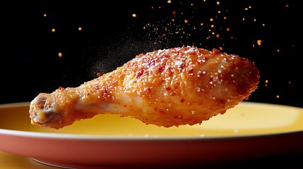 Seasoned Fried Chicken Leg Falling Onto Plate