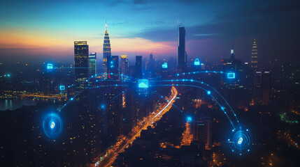 Fototapeta premium Abstract business man stands on the peak of success amid tall, innovative Smart city and graphs with statistics to analyze business potential and predict future developments in company growth.