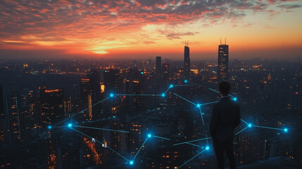 Fototapeta premium Abstract business man stands on the peak of success amid tall, innovative Smart city and graphs with statistics to analyze business potential and predict future developments in company growth.