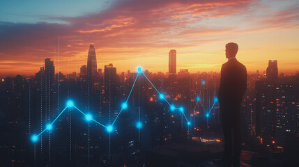 Fototapeta premium Abstract business man stands on the peak of success amid tall, innovative Smart city and graphs with statistics to analyze business potential and predict future developments in company growth.