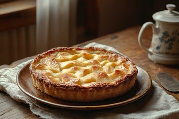A freshly baked apple pie on a rustic wooden table, with a golden crust and a soft, warm filling