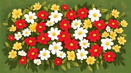 Vibrant floral grid with red, white, and yellow blooms arranged in perfect squares, set against a muted green background, ideal for designs