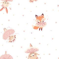 Seamless vector pattern in a simple childish style. Cute ballerina animals, lamb rabbit bear and fox in tutu ballerinas dancing ballet. Vector illustration © Alena