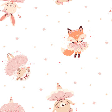 Seamless vector pattern in a simple childish style. Cute ballerina animals, lamb rabbit bear and fox in tutu ballerinas dancing ballet. Vector illustration