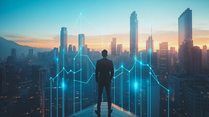 Abstract business man stands on the peak of success amid tall, innovative Smart city and graphs with statistics to analyze business potential and predict future developments in company growth.