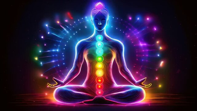 A woman sitting in a lotus position with the seven chakras