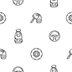 Simple black and white seamless pattern with icons of car seat, keys, steering wheel, wheel. Endless vector background with automotive theme for decoration, wrapping paper, print, wall decoration