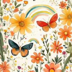 Colorful Butterflies and Flowers with Rainbow Elements