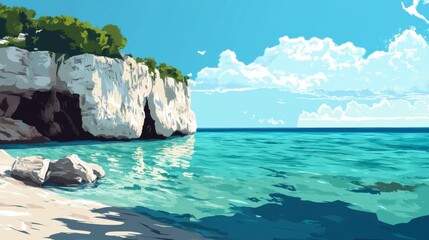 Coastal Paradise: A Serene Seascape with Majestic Cliffs and Tranquil Waters