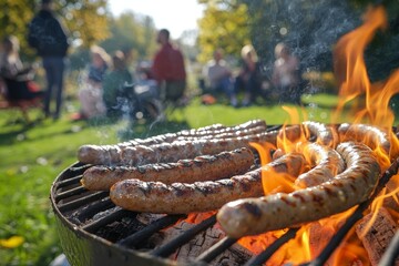 Grilled sausages on barbecue grill with people having picnic in park setting