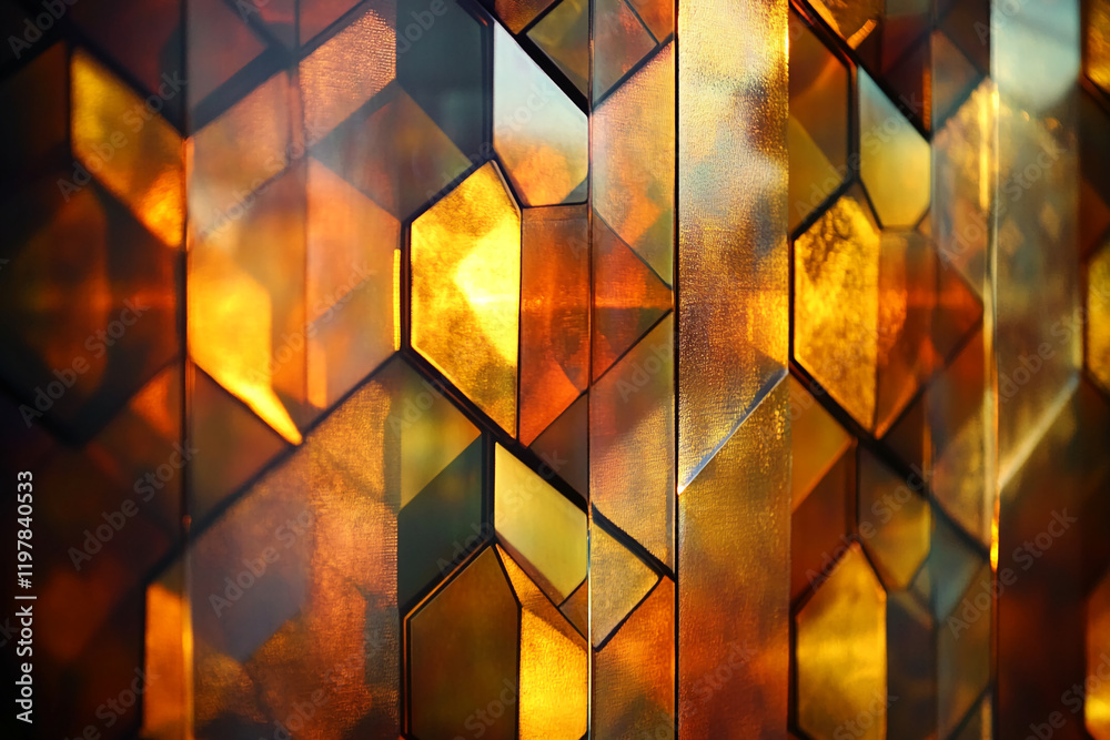 Poster Abstract close-up of golden hexagonal metallic shapes with reflections and light