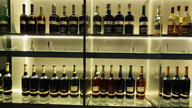 Slow pan video of award-winning wines in a glass cabinet with soft natural gentle light that illuminates the bottles
