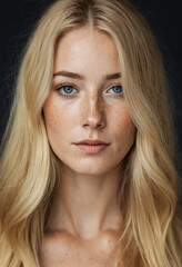Naklejka premium A young woman with long blonde hair and striking blue eyes showcases her natural beauty in a portrait. Freckles accentuate her clear complexion while a dark backdrop highlights her features. Descripti